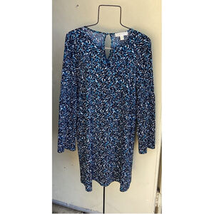 Michael Kors Bell Sleeve Blue & Black Leaf Abstract Dress W/Keyhole Sz Med NWT